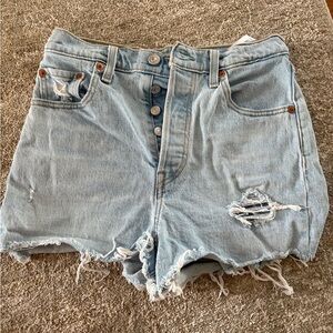 Levi's Ribcage Sky Blue Frayed Denim Shorts